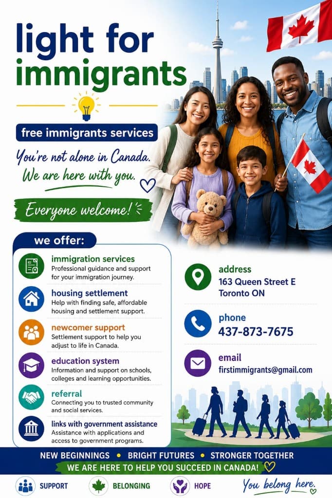 Light for Immigrants — free immigrant services flyer, Toronto Ontario